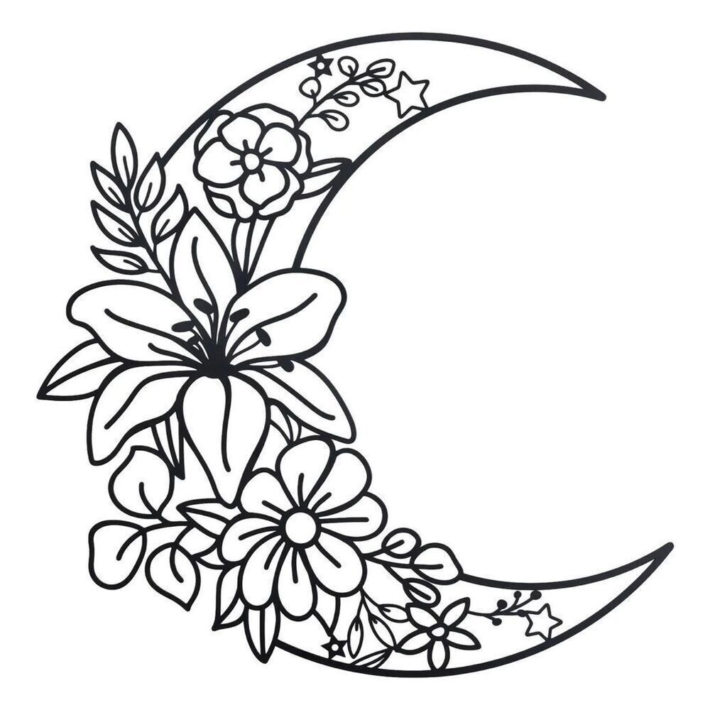 Black Metal Crescent Moon Stars Floral Lily Wall Decoration